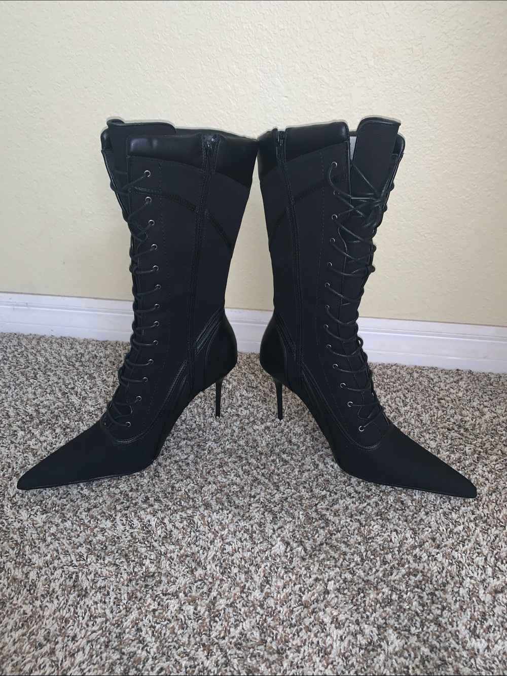 Dolls Kill Current Mood Black Pointed-Toe Lace-Up Stiletto Boots, Size 10, NWOB